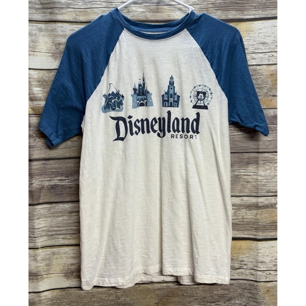 Disney Walt Disney World Men's Small Cream Blue Raglan Tee Short Sleeve Graphic